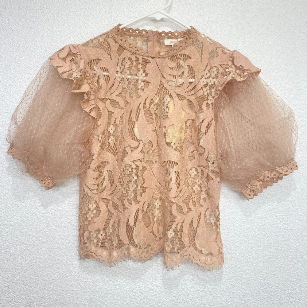 Peach Lace Puff Sleeve Blouse Boho Chic Floral Top Nude Size M - Picture 2 of 7